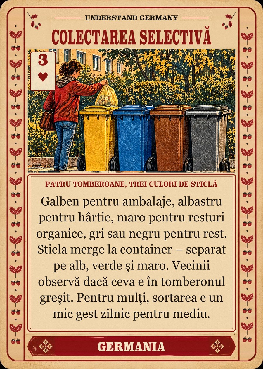 COLECTAREA SELECTIVĂ — patru tomberoane, trei culori de sticlă. Galben pentru ambalaje, albastru pentru hârtie, maro pentru resturi organice, gri sau negru pentru rest. Sticla merge la container – separat pe alb, verde și maro. Vecinii observă dacă ceva e în tomberonul greșit. Pentru mulți, sortarea e un mic gest zilnic pentru mediu.