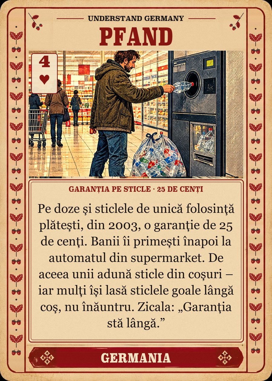 PFAND — garanția pe sticle · 25 de cenți. Pe doze și sticlele de unică folosință plătești, din 2003, o garanție de 25 de cenți. Banii îi primești înapoi la automatul din supermarket. De aceea unii adună sticle din coșuri – iar mulți își lasă sticlele goale lângă coș, nu înăuntru. Zicala: „Garanția stă lângă.”