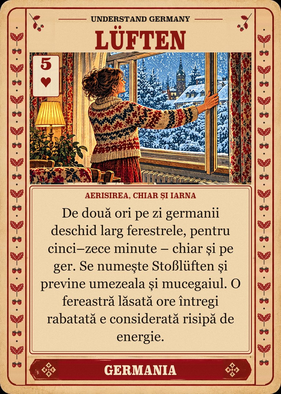 LÜFTEN — aerisirea, chiar și iarna. De două ori pe zi germanii deschid larg ferestrele, pentru cinci–zece minute – chiar și pe ger. Se numește Stoßlüften și previne umezeala și mucegaiul. O fereastră lăsată ore întregi rabatată e considerată risipă de energie.