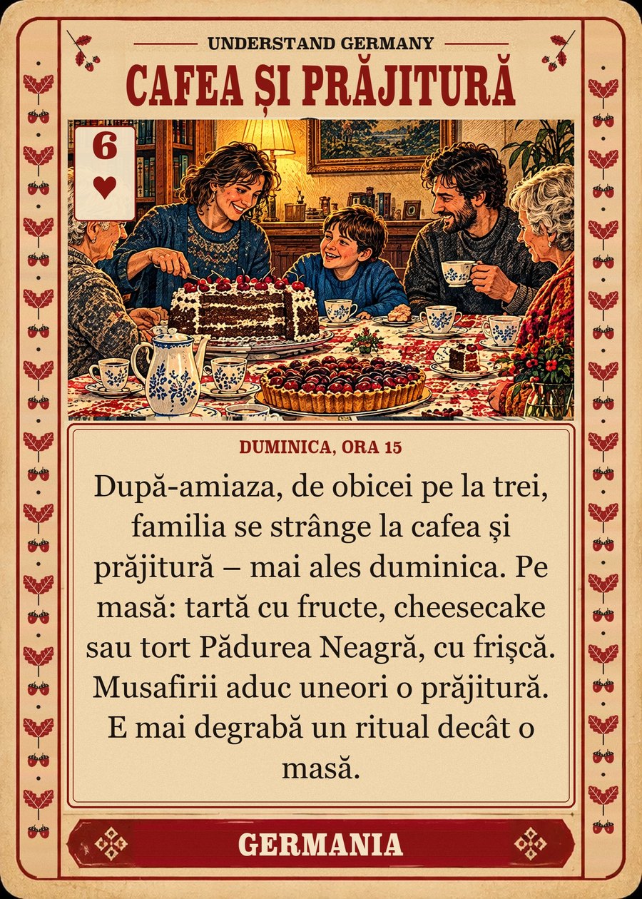 CAFEA ȘI PRĂJITURĂ — duminica, ora 15. După-amiaza, de obicei pe la trei, familia se strânge la cafea și prăjitură – mai ales duminica. Pe masă: tartă cu fructe, cheesecake sau tort Pădurea Neagră, cu frișcă. Musafirii aduc uneori o prăjitură. E mai degrabă un ritual decât o masă.