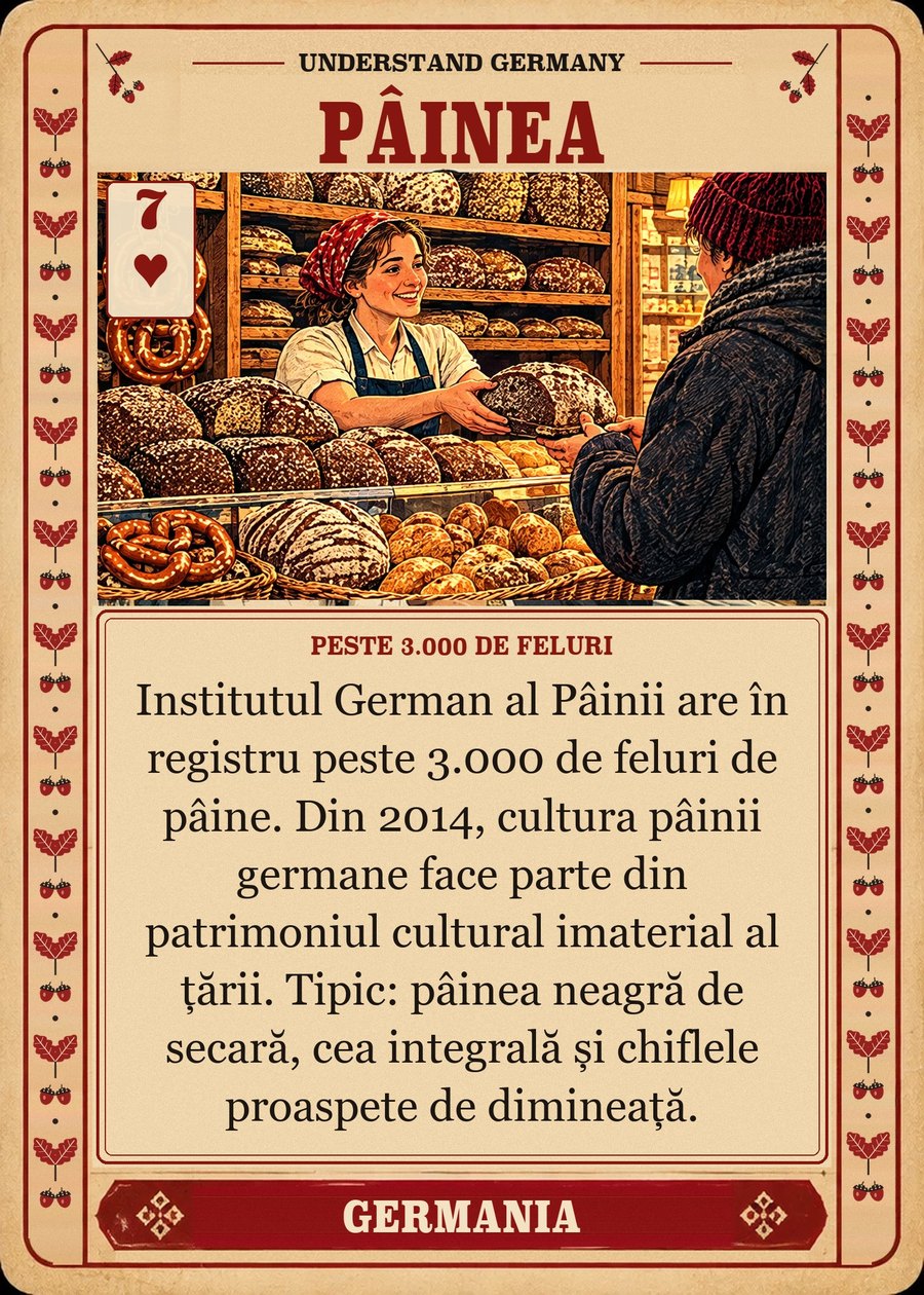 PÂINEA — peste 3.000 de feluri. Institutul German al Pâinii are în registru peste 3.000 de feluri de pâine. Din 2014, cultura pâinii germane face parte din patrimoniul cultural imaterial al țării. Tipic: pâinea neagră de secară, cea integrală și chiflele proaspete de dimineață.