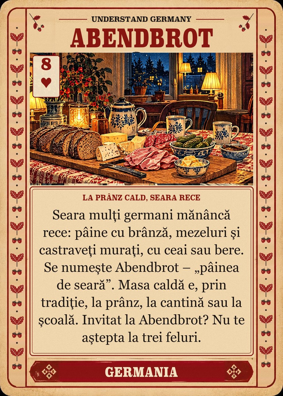 ABENDBROT — la prânz cald, seara rece. Seara mulți germani mănâncă rece: pâine cu brânză, mezeluri și castraveți murați, cu ceai sau bere. Se numește Abendbrot – „pâinea de seară”. Masa caldă e, prin tradiție, la prânz, la cantină sau la școală. Invitat la Abendbrot? Nu te aștepta la trei feluri.