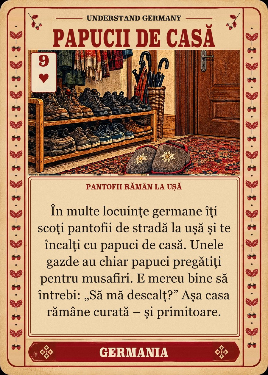 PAPUCII DE CASĂ — pantofii rămân la ușă. În multe locuințe germane îți scoți pantofii de stradă la ușă și te încalți cu papuci de casă. Unele gazde au chiar papuci pregătiți pentru musafiri. E mereu bine să întrebi: „Să mă descalț?” Așa casa rămâne curată – și primitoare.