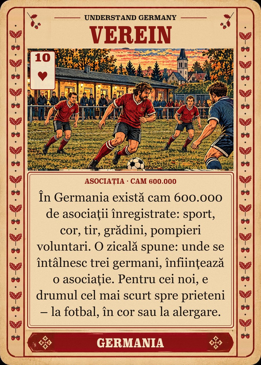 VEREIN — asociația · cam 600.000. În Germania există cam 600.000 de asociații înregistrate: sport, cor, tir, grădini, pompieri voluntari. O zicală spune: unde se întâlnesc trei germani, înființează o asociație. Pentru cei noi, e drumul cel mai scurt spre prieteni – la fotbal, în cor sau la alergare.