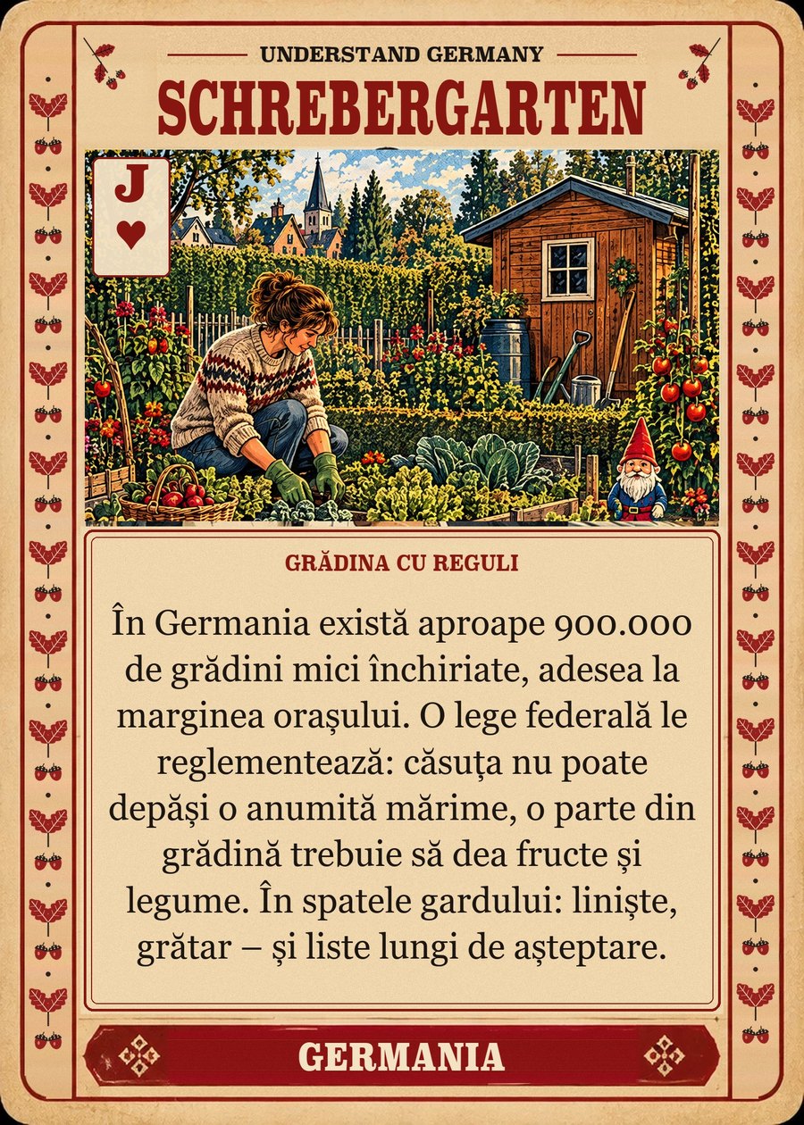 SCHREBERGARTEN — grădina cu reguli. În Germania există aproape 900.000 de grădini mici închiriate, adesea la marginea orașului. O lege federală le reglementează: căsuța nu poate depăși o anumită mărime, o parte din grădină trebuie să dea fructe și legume. În spatele gardului: liniște, grătar – și liste lungi de așteptare.