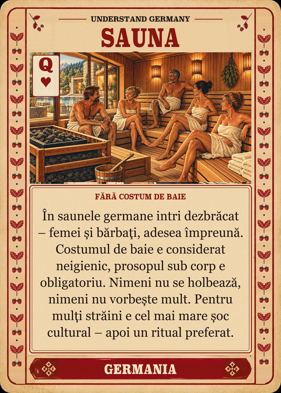 SAUNA — fără costum de baie. În saunele germane intri dezbrăcat – femei și bărbați, adesea împreună. Costumul de baie e considerat neigienic, prosopul sub corp e obligatoriu. Nimeni nu se holbează, nimeni nu vorbește mult. Pentru mulți străini e cel mai mare șoc cultural – apoi un ritual preferat.