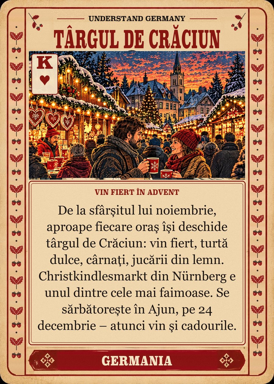 TÂRGUL DE CRĂCIUN — vin fiert în Advent. De la sfârșitul lui noiembrie, aproape fiecare oraș își deschide târgul de Crăciun: vin fiert, turtă dulce, cârnați, jucării din lemn. Christkindlesmarkt din Nürnberg e unul dintre cele mai faimoase. Se sărbătorește în Ajun, pe 24 decembrie – atunci vin și cadourile.