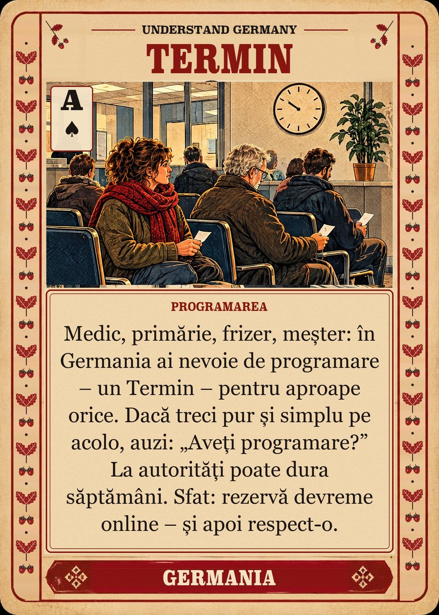 TERMIN — programarea. Medic, primărie, frizer, meșter: în Germania ai nevoie de programare – un Termin – pentru aproape orice. Dacă treci pur și simplu pe acolo, auzi: „Aveți programare?” La autorități poate dura săptămâni. Sfat: rezervă devreme online – și apoi respect-o.