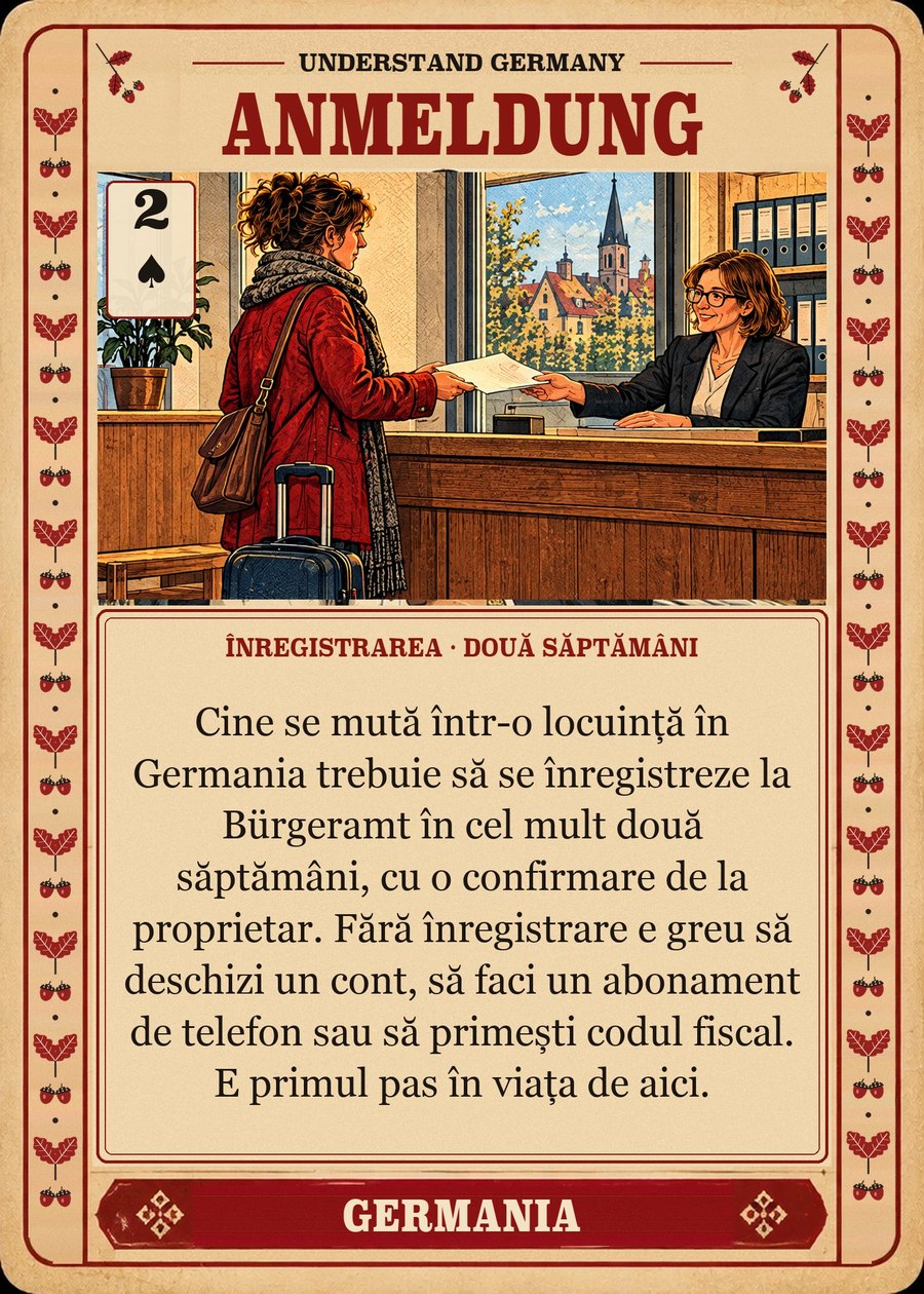 ANMELDUNG — înregistrarea · două săptămâni. Cine se mută într-o locuință în Germania trebuie să se înregistreze la Bürgeramt în cel mult două săptămâni, cu o confirmare de la proprietar. Fără înregistrare e greu să deschizi un cont, să faci un abonament de telefon sau să primești codul fiscal. E primul pas în viața de aici.