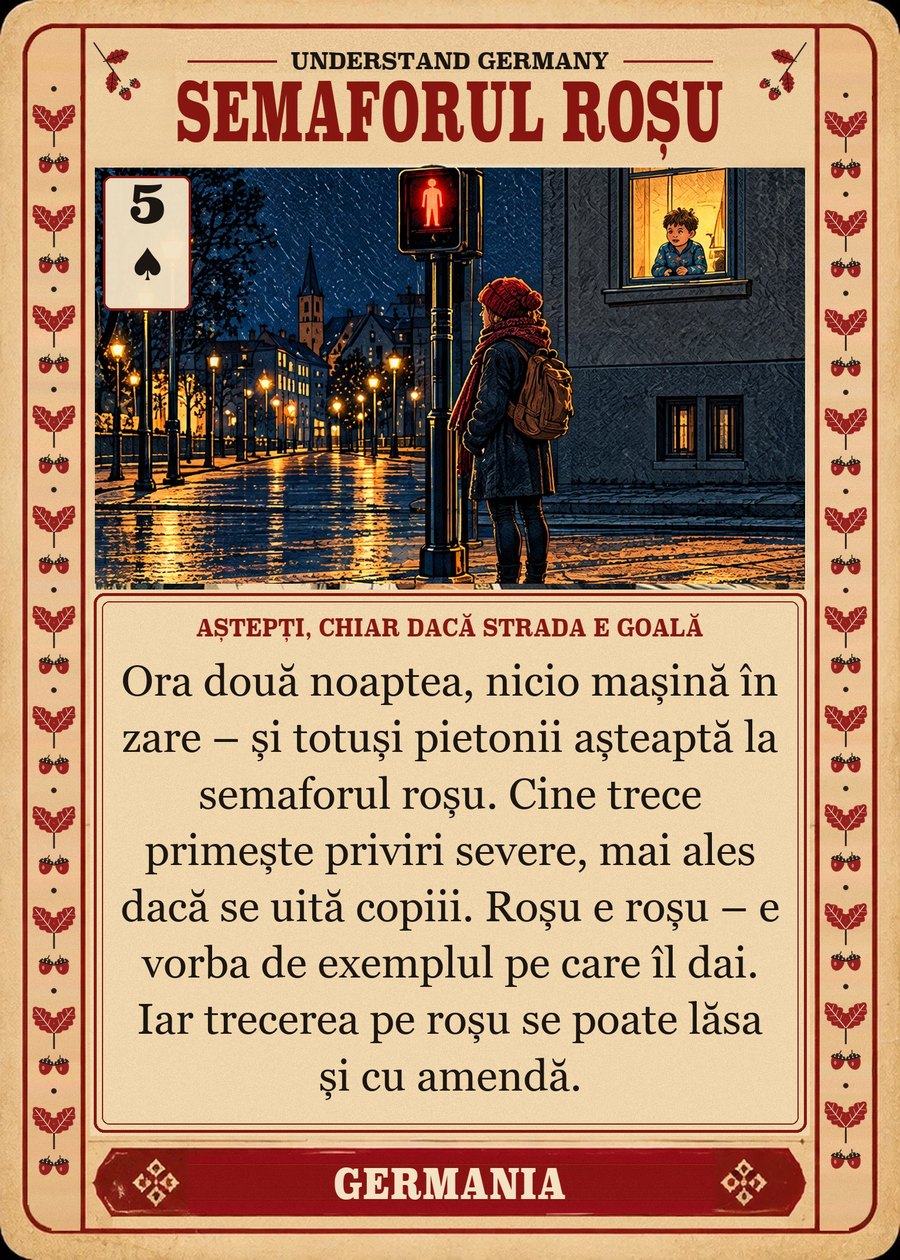 SEMAFORUL ROȘU — aștepți, chiar dacă strada e goală. Ora două noaptea, nicio mașină în zare – și totuși pietonii așteaptă la semaforul roșu. Cine trece primește priviri severe, mai ales dacă se uită copiii. Roșu e roșu – e vorba de exemplul pe care îl dai. Iar trecerea pe roșu se poate lăsa și cu amendă.