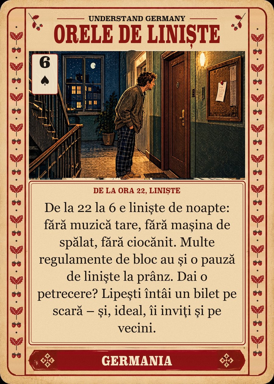 ORELE DE LINIȘTE — de la ora 22, liniște. De la 22 la 6 e liniște de noapte: fără muzică tare, fără mașina de spălat, fără ciocănit. Multe regulamente de bloc au și o pauză de liniște la prânz. Dai o petrecere? Lipești întâi un bilet pe scară – și, ideal, îi inviți și pe vecini.