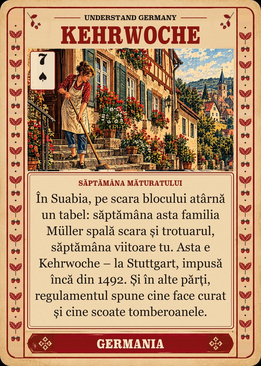 KEHRWOCHE — săptămâna măturatului. În Suabia, pe scara blocului atârnă un tabel: săptămâna asta familia Müller spală scara și trotuarul, săptămâna viitoare tu. Asta e Kehrwoche – la Stuttgart, impusă încă din 1492. Și în alte părți, regulamentul spune cine face curat și cine scoate tomberoanele.
