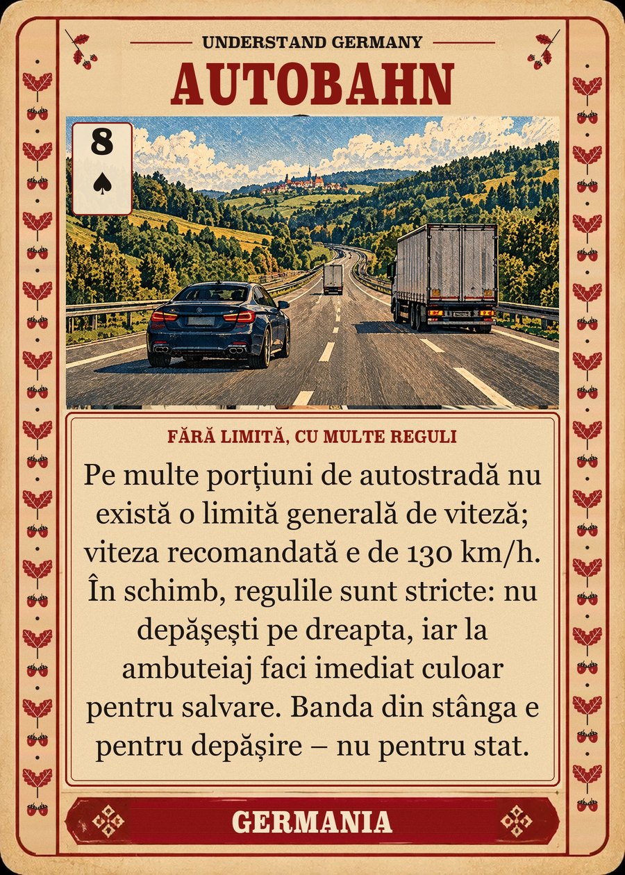 AUTOBAHN — fără limită, cu multe reguli. Pe multe porțiuni de autostradă nu există o limită generală de viteză; viteza recomandată e de 130 km/h. În schimb, regulile sunt stricte: nu depășești pe dreapta, iar la ambuteiaj faci imediat culoar pentru salvare. Banda din stânga e pentru depășire – nu pentru stat.