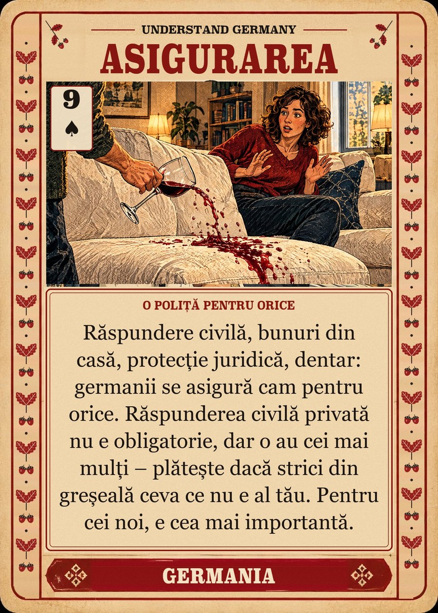 ASIGURAREA — o poliță pentru orice. Răspundere civilă, bunuri din casă, protecție juridică, dentar: germanii se asigură cam pentru orice. Răspunderea civilă privată nu e obligatorie, dar o au cei mai mulți – plătește dacă strici din greșeală ceva ce nu e al tău. Pentru cei noi, e cea mai importantă.