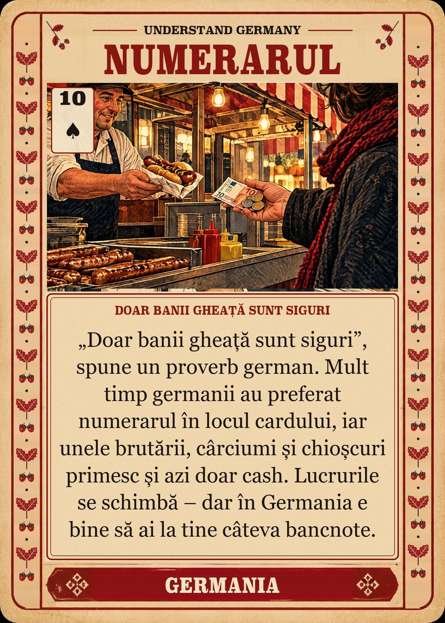 NUMERARUL — doar banii gheață sunt siguri. „Doar banii gheață sunt siguri”, spune un proverb german. Mult timp germanii au preferat numerarul în locul cardului, iar unele brutării, cârciumi și chioșcuri primesc și azi doar cash. Lucrurile se schimbă – dar în Germania e bine să ai la tine câteva bancnote.