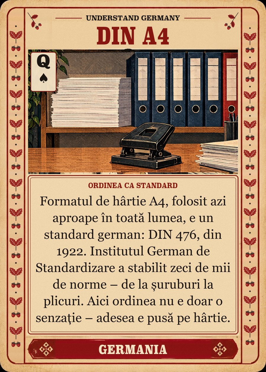 DIN A4 — ordinea ca standard. Formatul de hârtie A4, folosit azi aproape în toată lumea, e un standard german: DIN 476, din 1922. Institutul German de Standardizare a stabilit zeci de mii de norme – de la șuruburi la plicuri. Aici ordinea nu e doar o senzație – adesea e pusă pe hârtie.