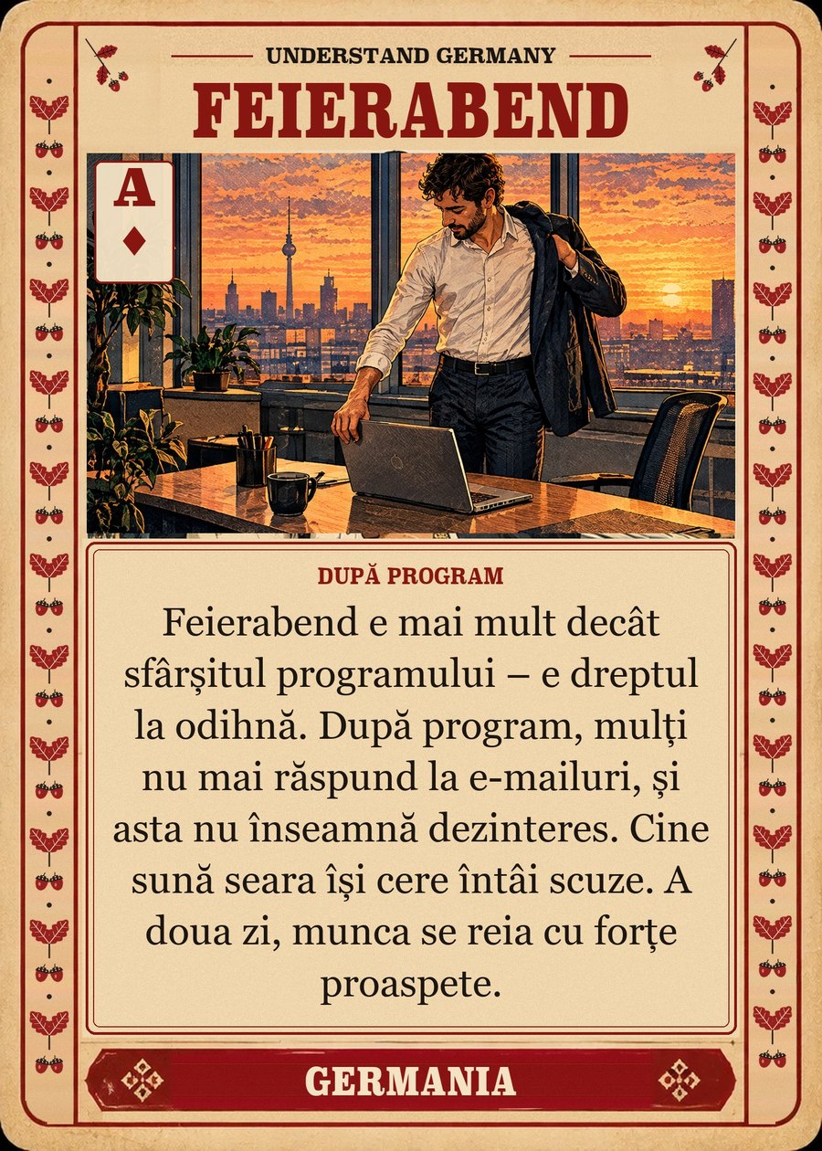 FEIERABEND — după program. Feierabend e mai mult decât sfârșitul programului – e dreptul la odihnă. După program, mulți nu mai răspund la e-mailuri, și asta nu înseamnă dezinteres. Cine sună seara își cere întâi scuze. A doua zi, munca se reia cu forțe proaspete.