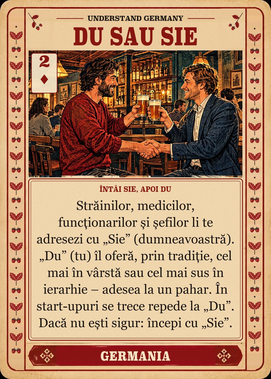 DU SAU SIE — întâi Sie, apoi Du. Străinilor, medicilor, funcționarilor și șefilor li te adresezi cu „Sie” (dumneavoastră). „Du” (tu) îl oferă, prin tradiție, cel mai în vârstă sau cel mai sus în ierarhie – adesea la un pahar. În start-upuri se trece repede la „Du”. Dacă nu ești sigur: începi cu „Sie”.