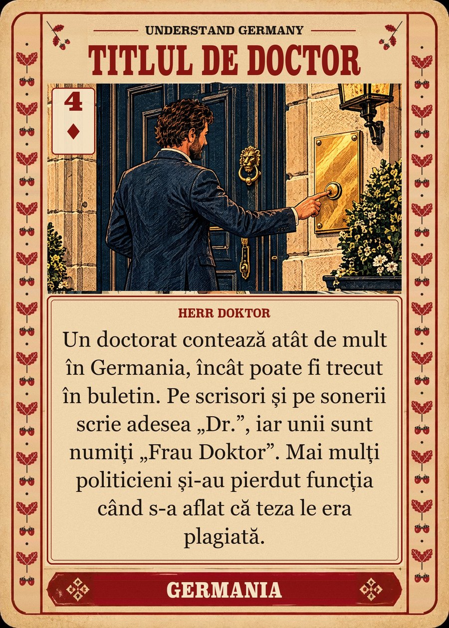 TITLUL DE DOCTOR — Herr Doktor. Un doctorat contează atât de mult în Germania, încât poate fi trecut în buletin. Pe scrisori și pe sonerii scrie adesea „Dr.”, iar unii sunt numiți „Frau Doktor”. Mai mulți politicieni și-au pierdut funcția când s-a aflat că teza le era plagiată.
