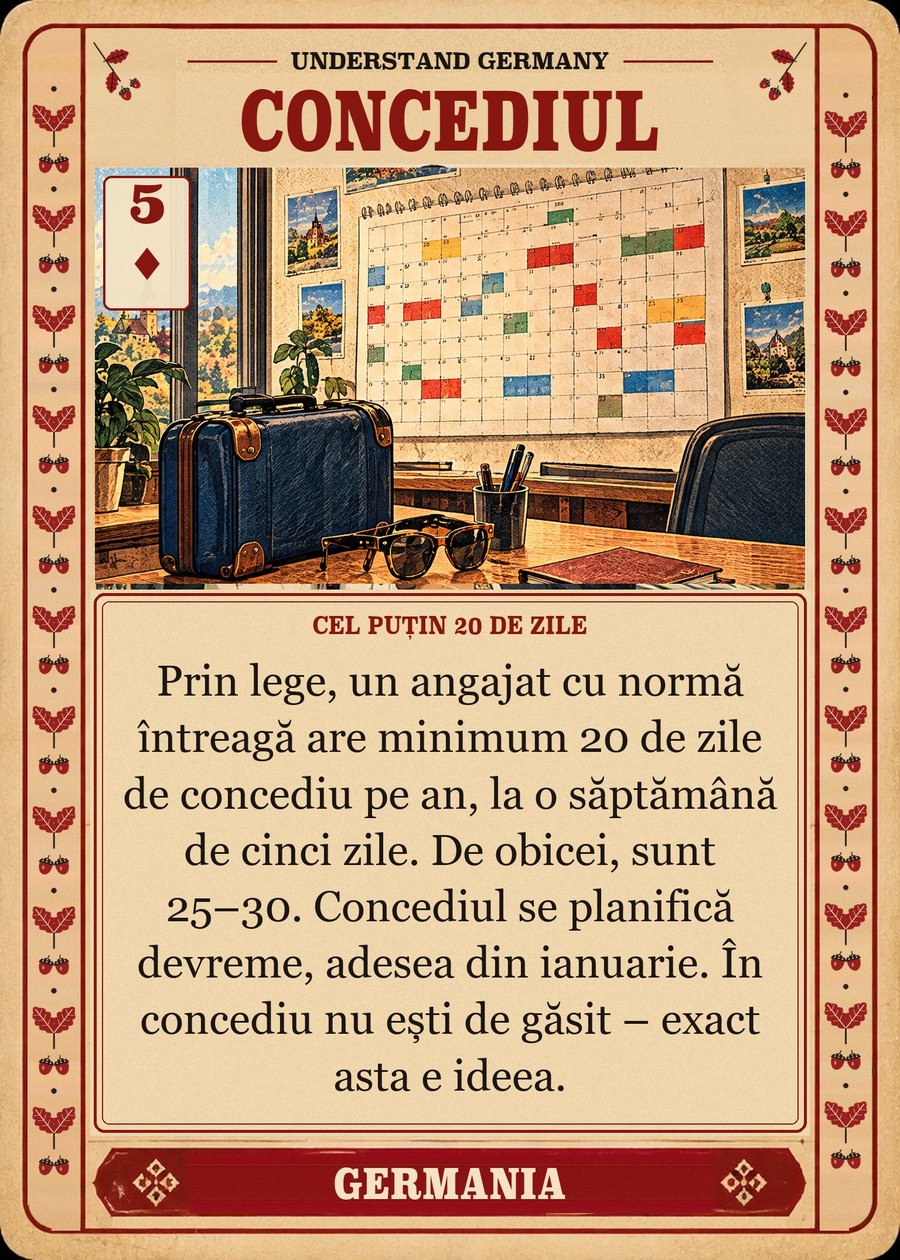 CONCEDIUL — cel puțin 20 de zile. Prin lege, un angajat cu normă întreagă are minimum 20 de zile de concediu pe an, la o săptămână de cinci zile. De obicei, sunt 25–30. Concediul se planifică devreme, adesea din ianuarie. În concediu nu ești de găsit – exact asta e ideea.