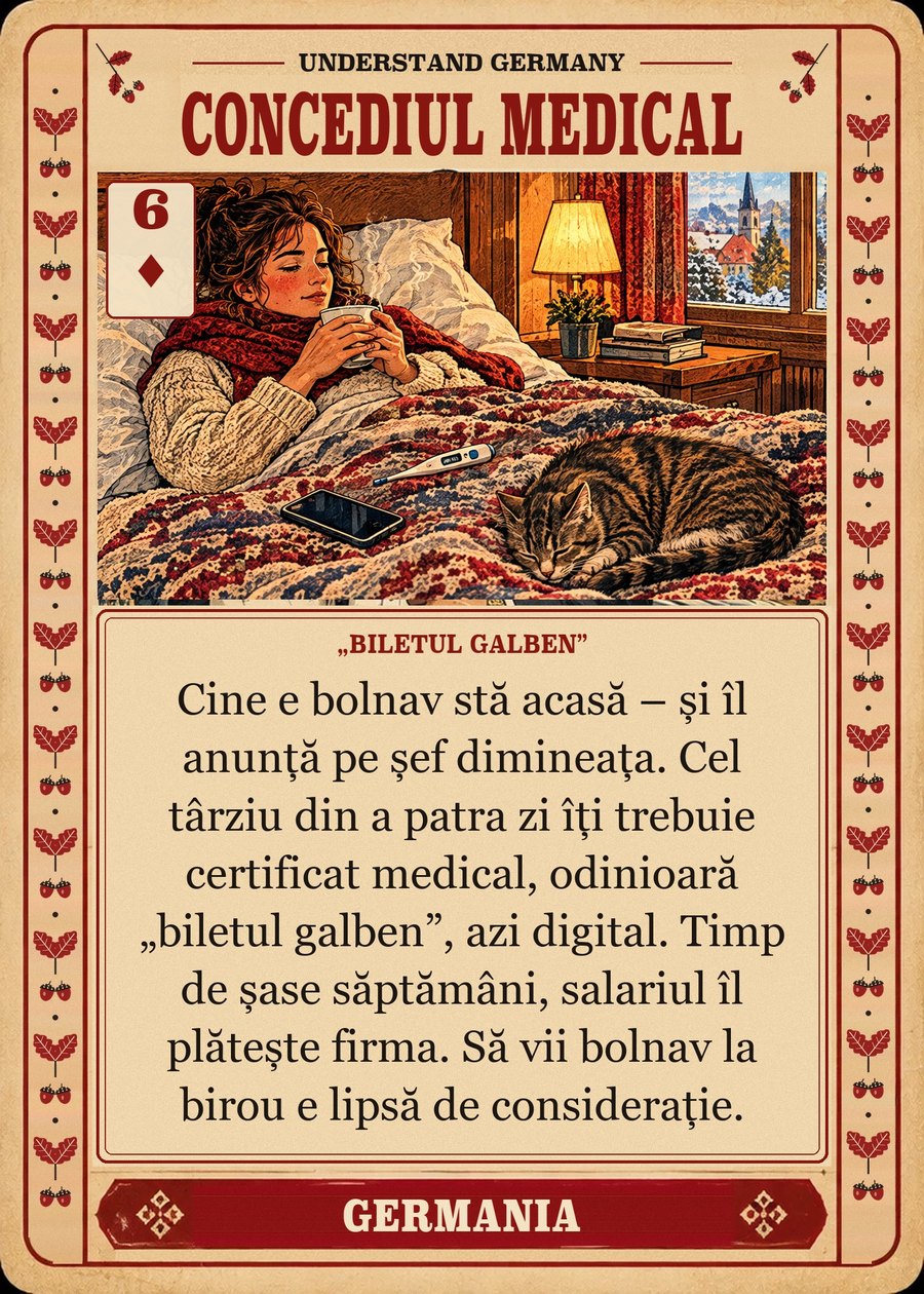 CONCEDIUL MEDICAL — „biletul galben”. Cine e bolnav stă acasă – și îl anunță pe șef dimineața. Cel târziu din a patra zi îți trebuie certificat medical, odinioară „biletul galben”, azi digital. Timp de șase săptămâni, salariul îl plătește firma. Să vii bolnav la birou e lipsă de considerație.