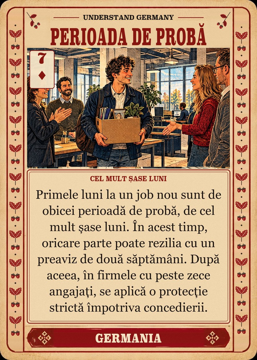 PERIOADA DE PROBĂ — cel mult șase luni. Primele luni la un job nou sunt de obicei perioadă de probă, de cel mult șase luni. În acest timp, oricare parte poate rezilia cu un preaviz de două săptămâni. După aceea, în firmele cu peste zece angajați, se aplică o protecție strictă împotriva concedierii.