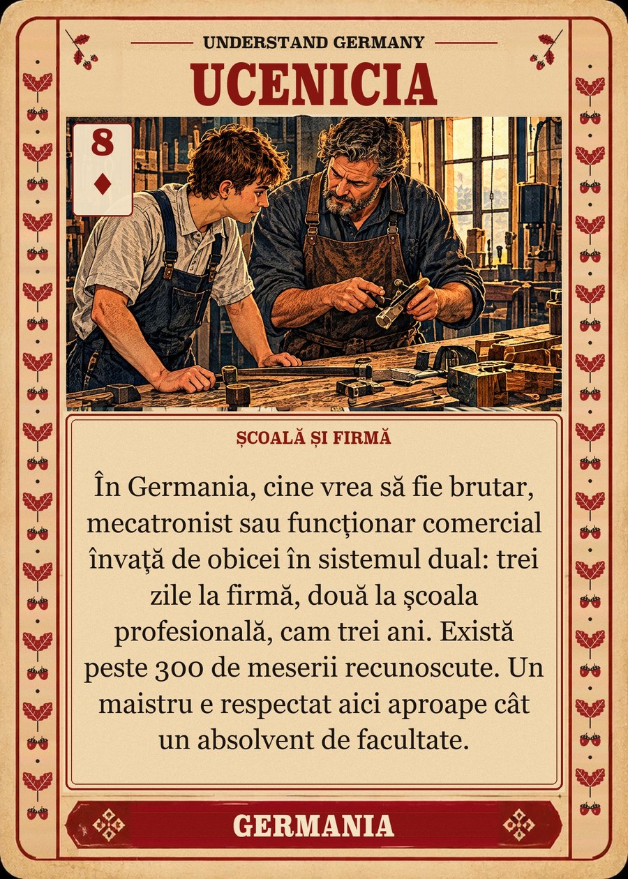 UCENICIA — școală și firmă. În Germania, cine vrea să fie brutar, mecatronist sau funcționar comercial învață de obicei în sistemul dual: trei zile la firmă, două la școala profesională, cam trei ani. Există peste 300 de meserii recunoscute. Un maistru e respectat aici aproape cât un absolvent de facultate.