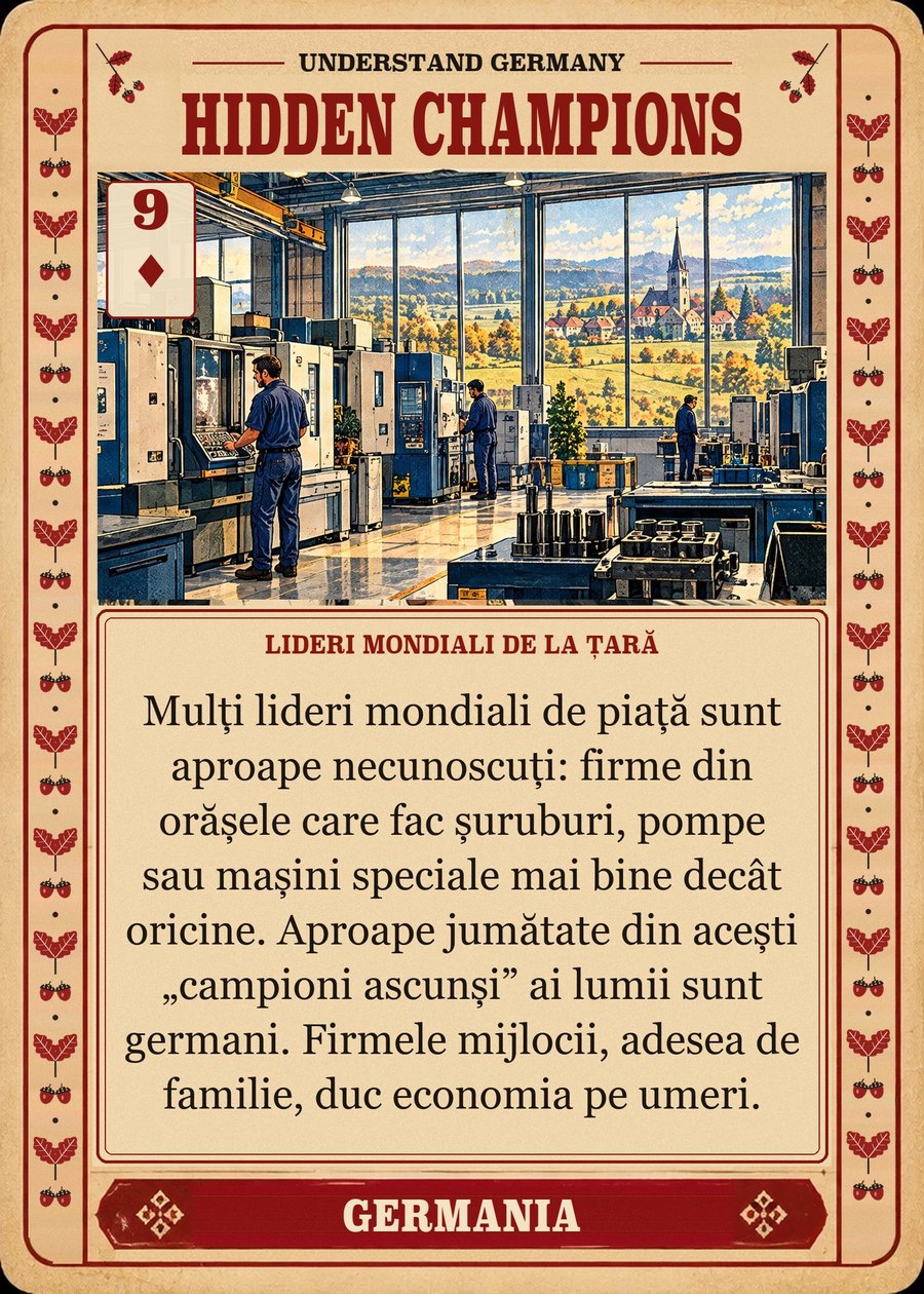 HIDDEN CHAMPIONS — lideri mondiali de la țară. Mulți lideri mondiali de piață sunt aproape necunoscuți: firme din orășele care fac șuruburi, pompe sau mașini speciale mai bine decât oricine. Aproape jumătate din acești „campioni ascunși” ai lumii sunt germani. Firmele mijlocii, adesea de familie, duc economia pe umeri.
