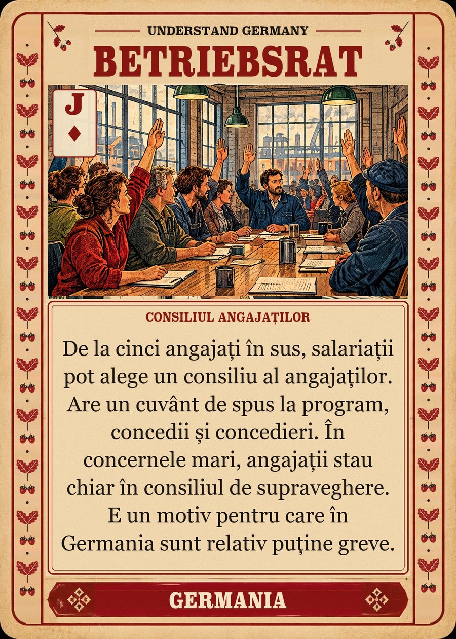 BETRIEBSRAT — consiliul angajaților. De la cinci angajați în sus, salariații pot alege un consiliu al angajaților. Are un cuvânt de spus la program, concedii și concedieri. În concernele mari, angajații stau chiar în consiliul de supraveghere. E un motiv pentru care în Germania sunt relativ puține greve.