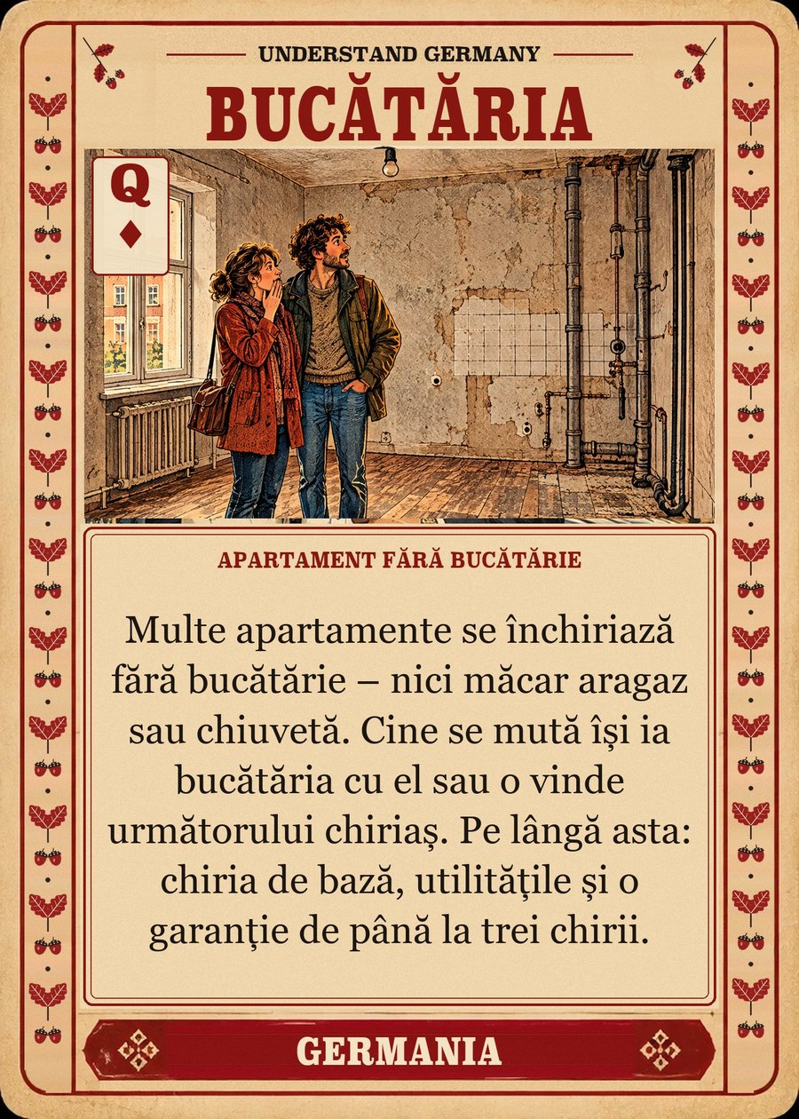 BUCĂTĂRIA — apartament fără bucătărie. Multe apartamente se închiriază fără bucătărie – nici măcar aragaz sau chiuvetă. Cine se mută își ia bucătăria cu el sau o vinde următorului chiriaș. Pe lângă asta: chiria de bază, utilitățile și o garanție de până la trei chirii.