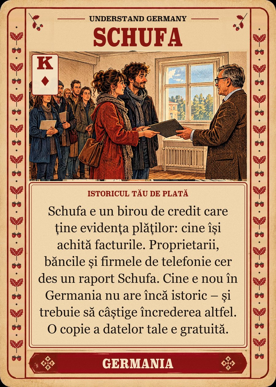SCHUFA — istoricul tău de plată. Schufa e un birou de credit care ține evidența plăților: cine își achită facturile. Proprietarii, băncile și firmele de telefonie cer des un raport Schufa. Cine e nou în Germania nu are încă istoric – și trebuie să câștige încrederea altfel. O copie a datelor tale e gratuită.