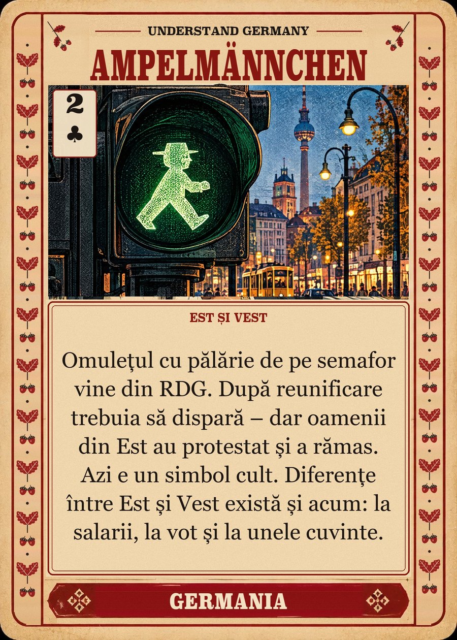 AMPELMÄNNCHEN — Est și Vest. Omulețul cu pălărie de pe semafor vine din RDG. După reunificare trebuia să dispară – dar oamenii din Est au protestat și a rămas. Azi e un simbol cult. Diferențe între Est și Vest există și acum: la salarii, la vot și la unele cuvinte.