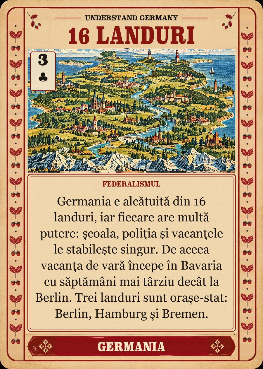 16 LANDURI — federalismul. Germania e alcătuită din 16 landuri, iar fiecare are multă putere: școala, poliția și vacanțele le stabilește singur. De aceea vacanța de vară începe în Bavaria cu săptămâni mai târziu decât la Berlin. Trei landuri sunt orașe-stat: Berlin, Hamburg și Bremen.