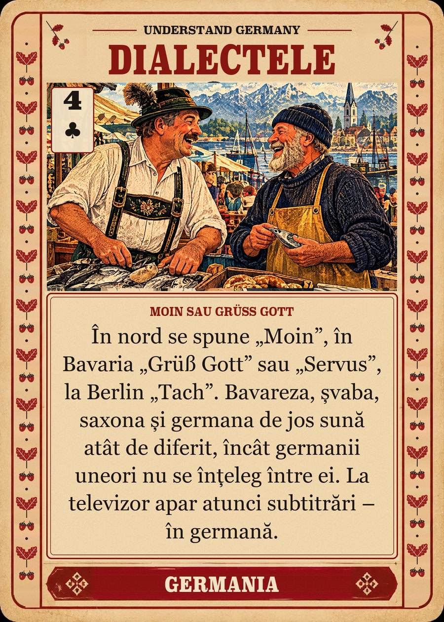 DIALECTELE — Moin sau Grüß Gott. În nord se spune „Moin”, în Bavaria „Grüß Gott” sau „Servus”, la Berlin „Tach”. Bavareza, șvaba, saxona și germana de jos sună atât de diferit, încât germanii uneori nu se înțeleg între ei. La televizor apar atunci subtitrări – în germană.