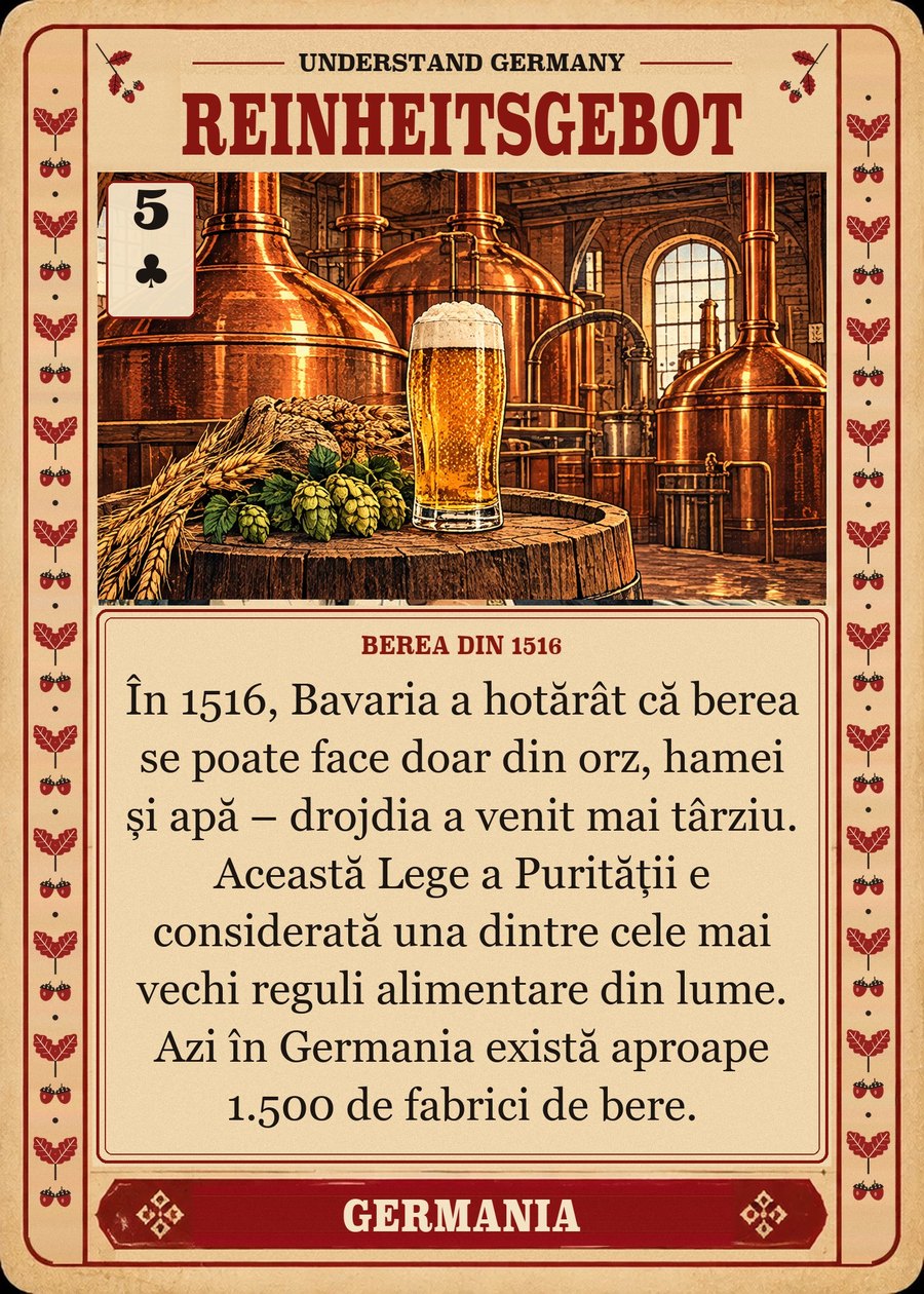 REINHEITSGEBOT — berea din 1516. În 1516, Bavaria a hotărât că berea se poate face doar din orz, hamei și apă – drojdia a venit mai târziu. Această Lege a Purității e considerată una dintre cele mai vechi reguli alimentare din lume. Azi în Germania există aproape 1.500 de fabrici de bere.