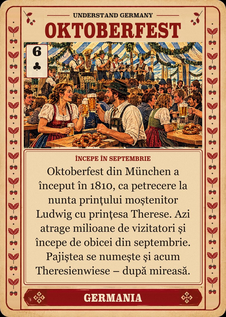 OKTOBERFEST — începe în septembrie. Oktoberfest din München a început în 1810, ca petrecere la nunta prințului moștenitor Ludwig cu prințesa Therese. Azi atrage milioane de vizitatori și începe de obicei din septembrie. Pajiștea se numește și acum Theresienwiese – după mireasă.