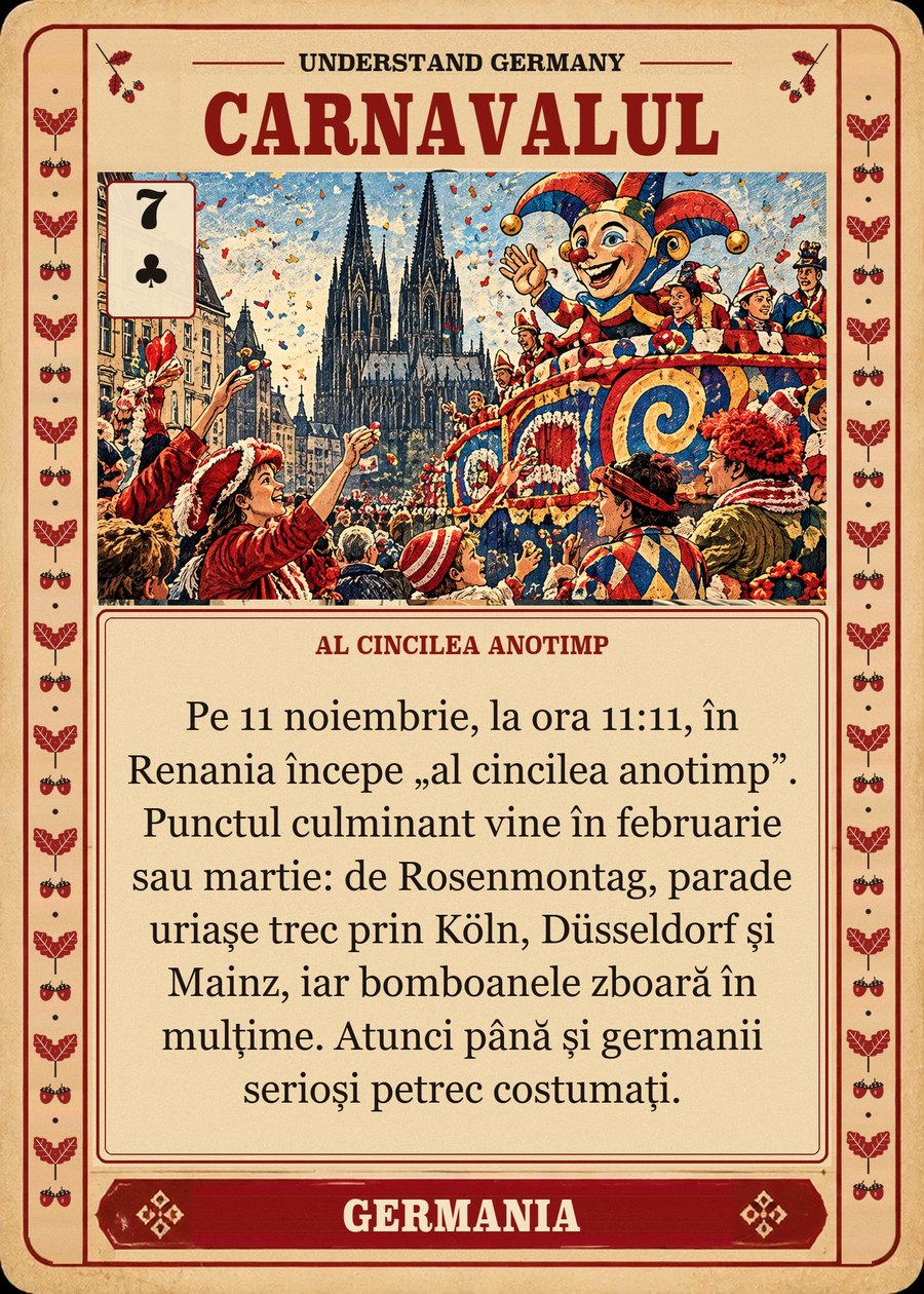 CARNAVALUL — al cincilea anotimp. Pe 11 noiembrie, la ora 11:11, în Renania începe „al cincilea anotimp”. Punctul culminant vine în februarie sau martie: de Rosenmontag, parade uriașe trec prin Köln, Düsseldorf și Mainz, iar bomboanele zboară în mulțime. Atunci până și germanii serioși petrec costumați.