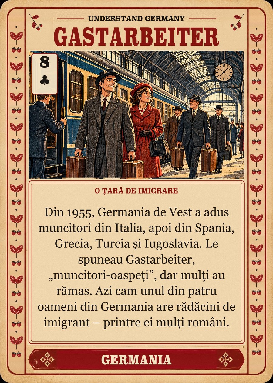GASTARBEITER — o țară de imigrare. Din 1955, Germania de Vest a adus muncitori din Italia, apoi din Spania, Grecia, Turcia și Iugoslavia. Le spuneau Gastarbeiter, „muncitori-oaspeți”, dar mulți au rămas. Azi cam unul din patru oameni din Germania are rădăcini de imigrant – printre ei mulți români.