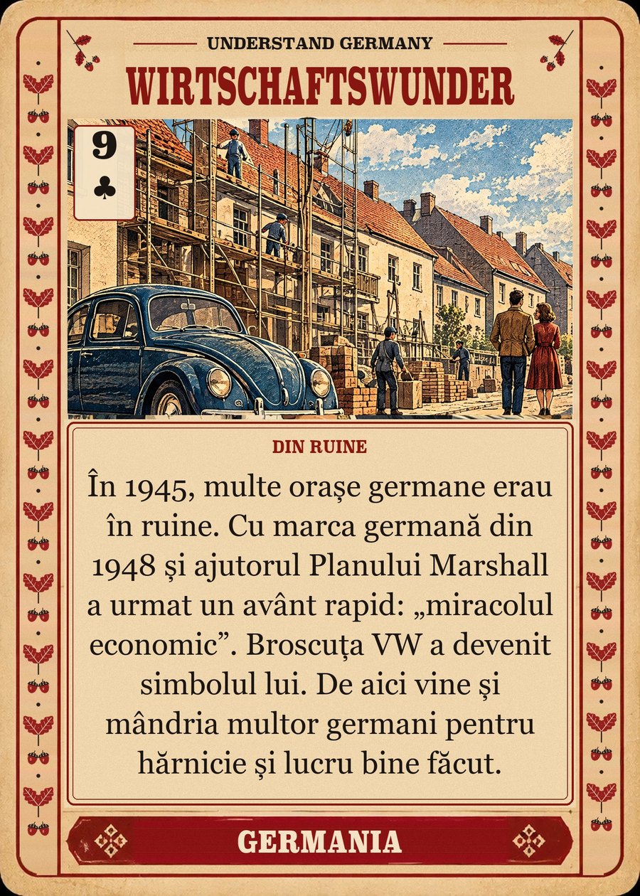WIRTSCHAFTSWUNDER — din ruine. În 1945, multe orașe germane erau în ruine. Cu marca germană din 1948 și ajutorul Planului Marshall a urmat un avânt rapid: „miracolul economic”. Broscuța VW a devenit simbolul lui. De aici vine și mândria multor germani pentru hărnicie și lucru bine făcut.
