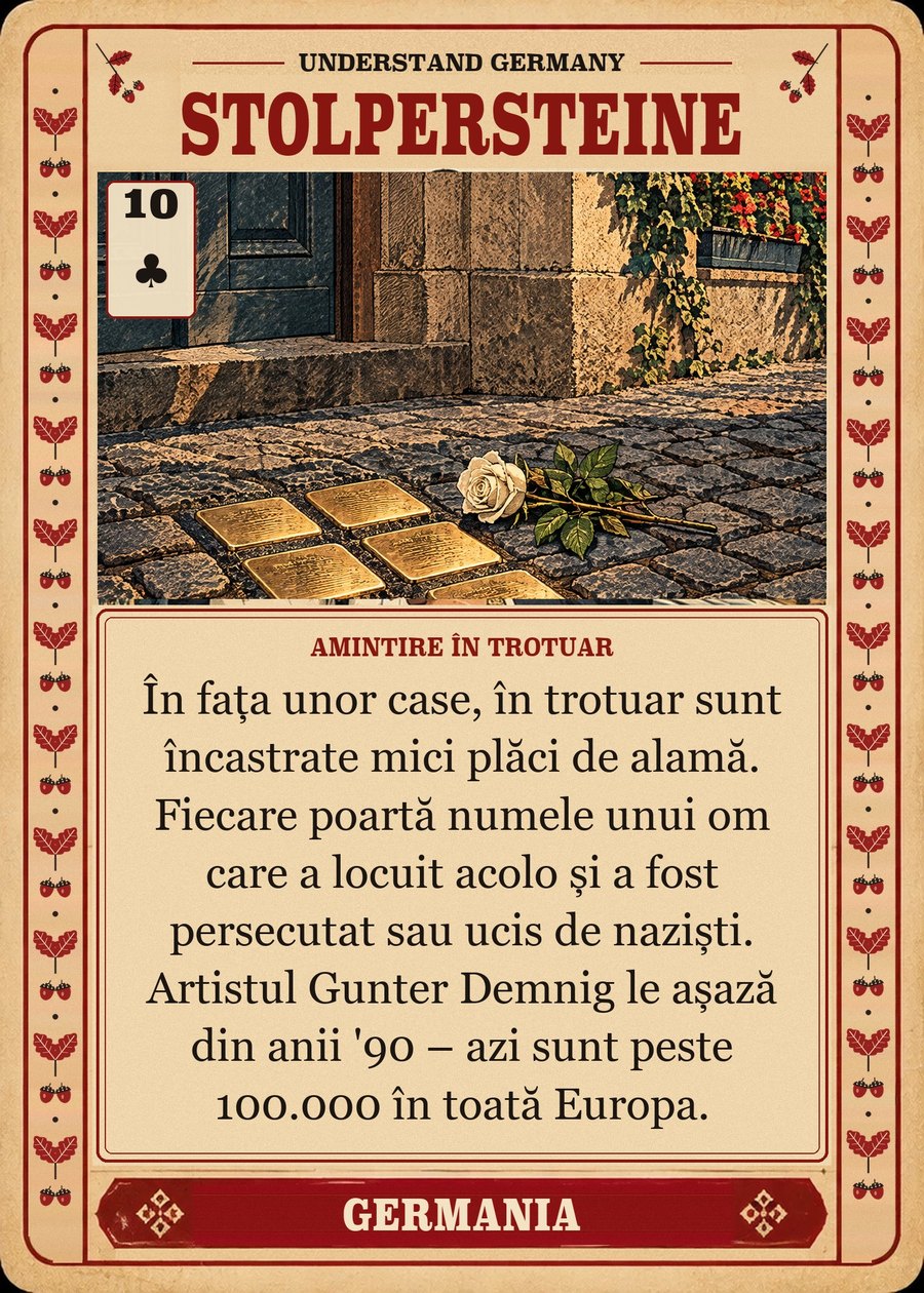 STOLPERSTEINE — amintire în trotuar. În fața unor case, în trotuar sunt încastrate mici plăci de alamă. Fiecare poartă numele unui om care a locuit acolo și a fost persecutat sau ucis de naziști. Artistul Gunter Demnig le așază din anii '90 – azi sunt peste 100.000 în toată Europa.