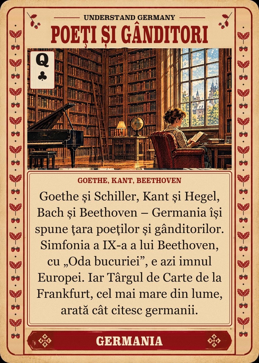 POEȚI ȘI GÂNDITORI — Goethe, Kant, Beethoven. Goethe și Schiller, Kant și Hegel, Bach și Beethoven – Germania își spune țara poeților și gânditorilor. Simfonia a IX-a a lui Beethoven, cu „Oda bucuriei”, e azi imnul Europei. Iar Târgul de Carte de la Frankfurt, cel mai mare din lume, arată cât citesc germanii.