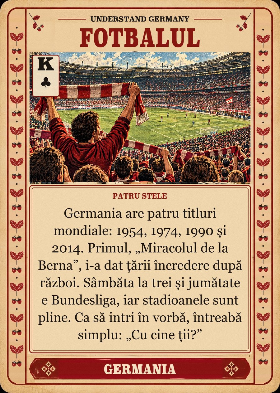 FOTBALUL — patru stele. Germania are patru titluri mondiale: 1954, 1974, 1990 și 2014. Primul, „Miracolul de la Berna”, i-a dat țării încredere după război. Sâmbăta la trei și jumătate e Bundesliga, iar stadioanele sunt pline. Ca să intri în vorbă, întreabă simplu: „Cu cine ții?”