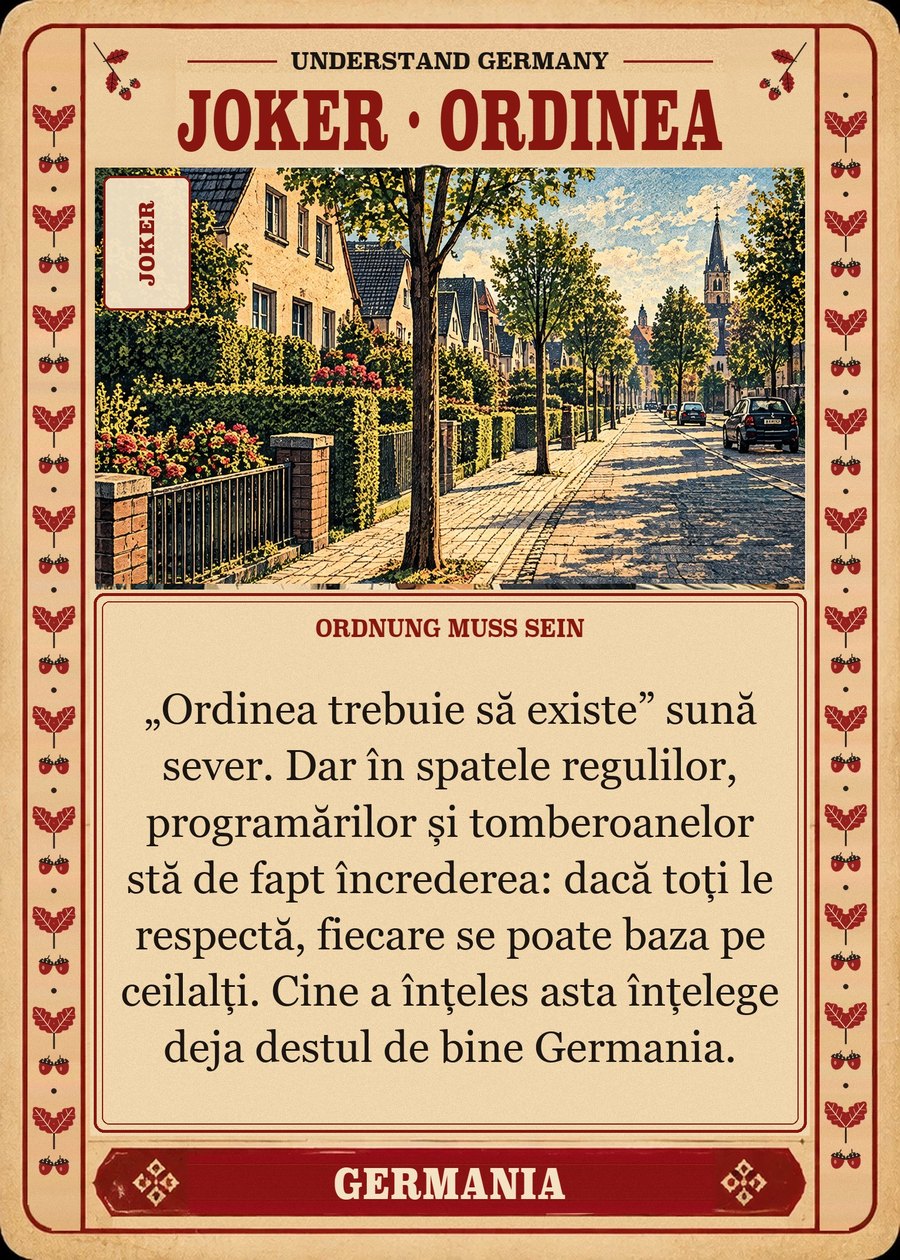 JOKER · ORDINEA — Ordnung muss sein. „Ordinea trebuie să existe” sună sever. Dar în spatele regulilor, programărilor și tomberoanelor stă de fapt încrederea: dacă toți le respectă, fiecare se poate baza pe ceilalți. Cine a înțeles asta înțelege deja destul de bine Germania.