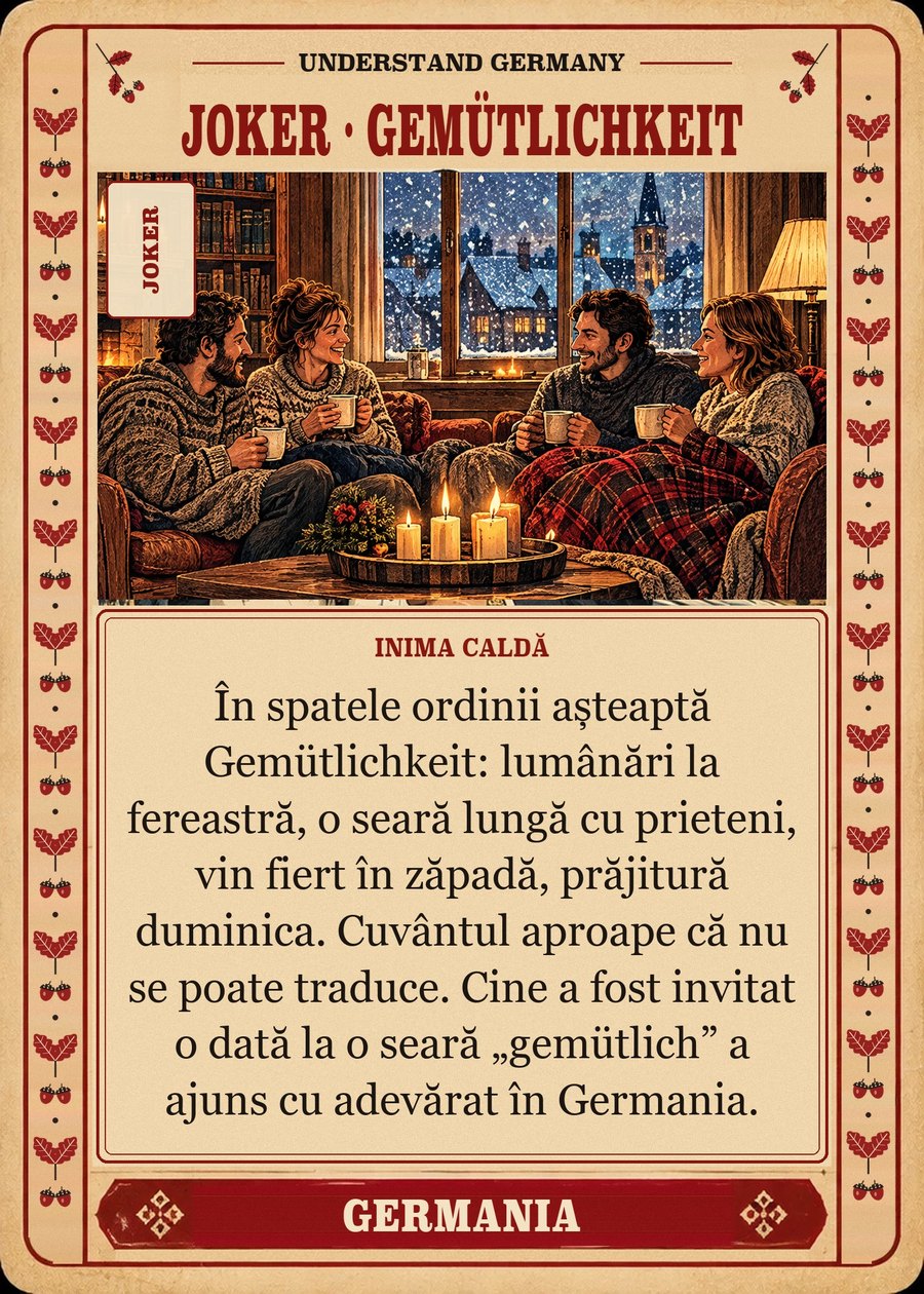 JOKER · GEMÜTLICHKEIT — inima caldă. În spatele ordinii așteaptă Gemütlichkeit: lumânări la fereastră, o seară lungă cu prieteni, vin fiert în zăpadă, prăjitură duminica. Cuvântul aproape că nu se poate traduce. Cine a fost invitat o dată la o seară „gemütlich” a ajuns cu adevărat în Germania.