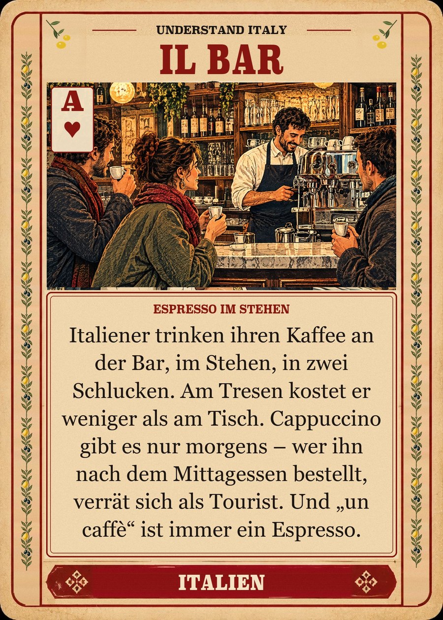 IL BAR — Espresso im Stehen. Italiener trinken ihren Kaffee an der Bar, im Stehen, in zwei Schlucken. Am Tresen kostet er weniger als am Tisch. Cappuccino gibt es nur morgens – wer ihn nach dem Mittagessen bestellt, verrät sich als Tourist. Und „un caffè“ ist immer ein Espresso.