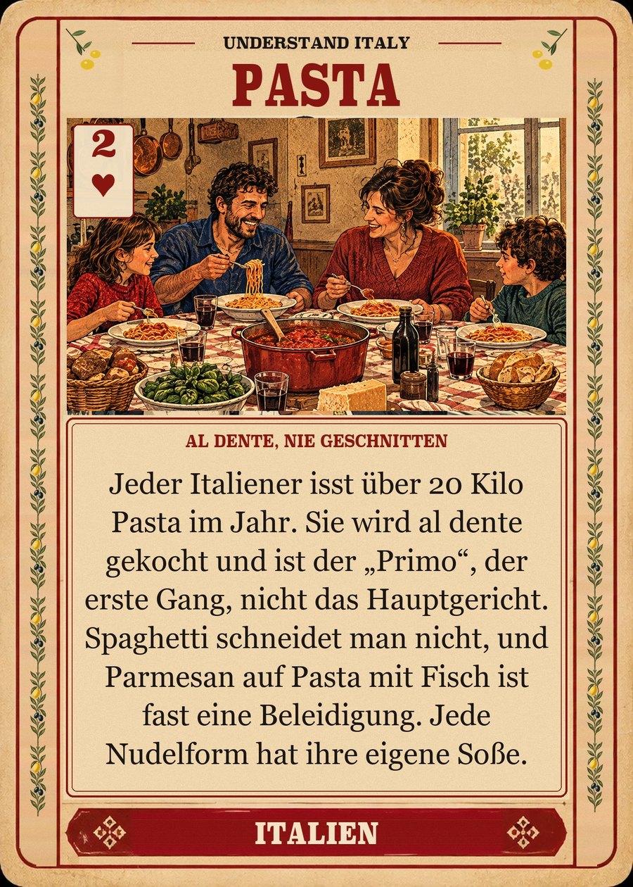 PASTA — al dente, nie geschnitten. Jeder Italiener isst über 20 Kilo Pasta im Jahr. Sie wird al dente gekocht und ist der „Primo“, der erste Gang, nicht das Hauptgericht. Spaghetti schneidet man nicht, und Parmesan auf Pasta mit Fisch ist fast eine Beleidigung. Jede Nudelform hat ihre eigene Soße.
