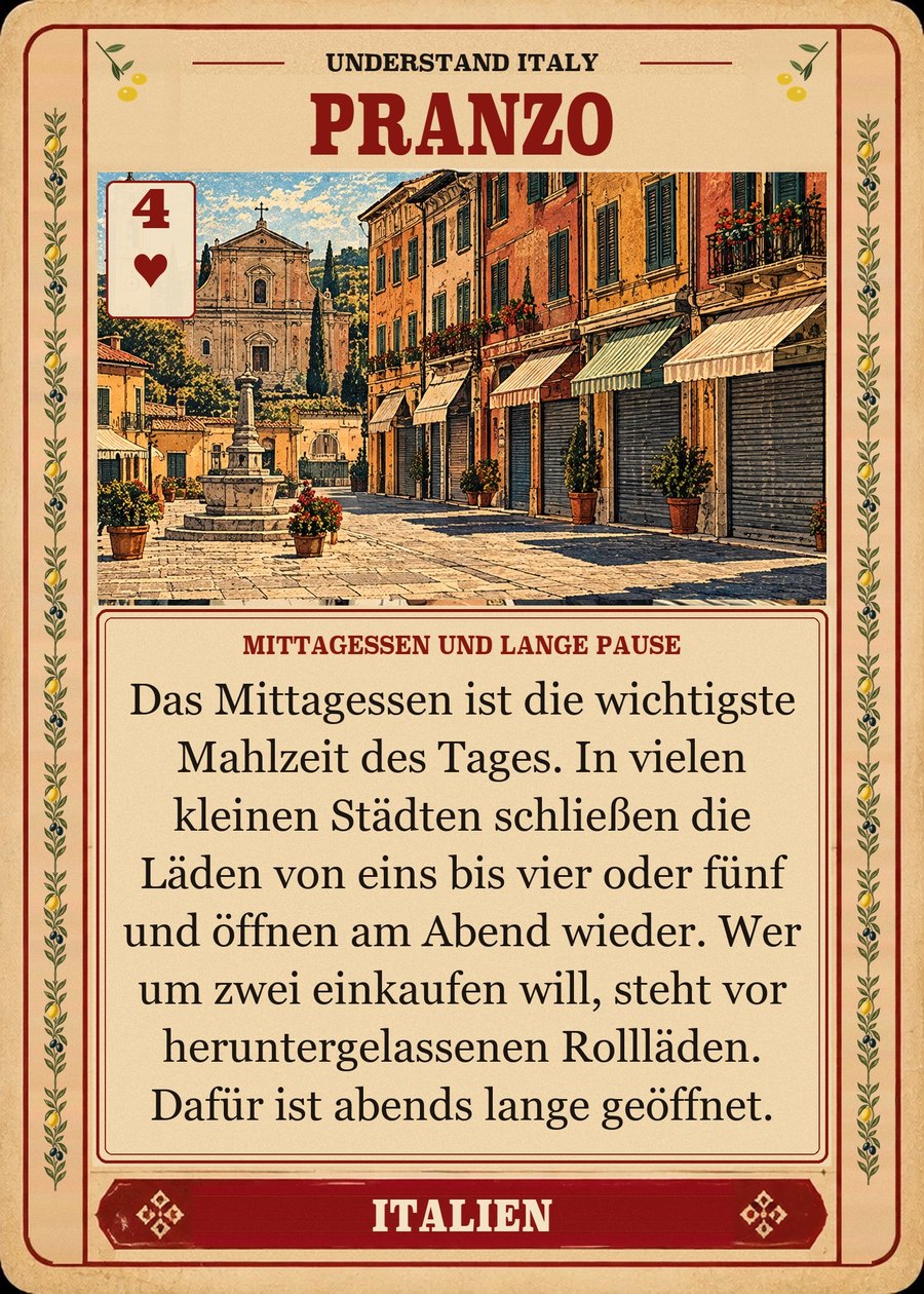 PRANZO — Mittagessen und lange Pause. Das Mittagessen ist die wichtigste Mahlzeit des Tages. In vielen kleinen Städten schließen die Läden von eins bis vier oder fünf und öffnen am Abend wieder. Wer um zwei einkaufen will, steht vor heruntergelassenen Rollläden. Dafür ist abends lange geöffnet.
