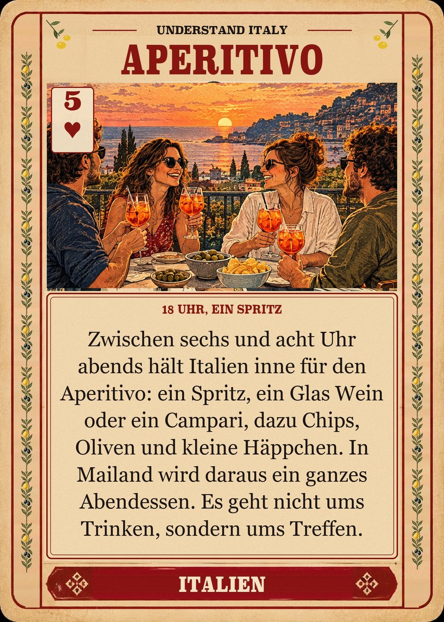 APERITIVO — 18 Uhr, ein Spritz. Zwischen sechs und acht Uhr abends hält Italien inne für den Aperitivo: ein Spritz, ein Glas Wein oder ein Campari, dazu Chips, Oliven und kleine Häppchen. In Mailand wird daraus ein ganzes Abendessen. Es geht nicht ums Trinken, sondern ums Treffen.