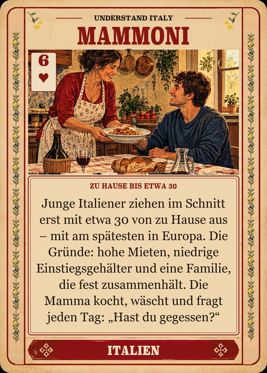 MAMMONI — zu Hause bis etwa 30. Junge Italiener ziehen im Schnitt erst mit etwa 30 von zu Hause aus – mit am spätesten in Europa. Die Gründe: hohe Mieten, niedrige Einstiegsgehälter und eine Familie, die fest zusammenhält. Die Mamma kocht, wäscht und fragt jeden Tag: „Hast du gegessen?“