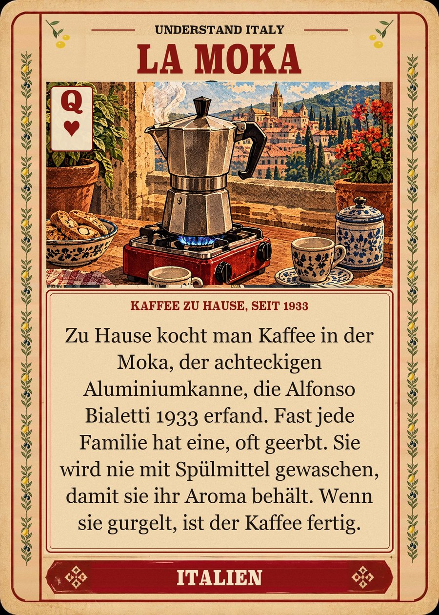LA MOKA — Kaffee zu Hause, seit 1933. Zu Hause kocht man Kaffee in der Moka, der achteckigen Aluminiumkanne, die Alfonso Bialetti 1933 erfand. Fast jede Familie hat eine, oft geerbt. Sie wird nie mit Spülmittel gewaschen, damit sie ihr Aroma behält. Wenn sie gurgelt, ist der Kaffee fertig.